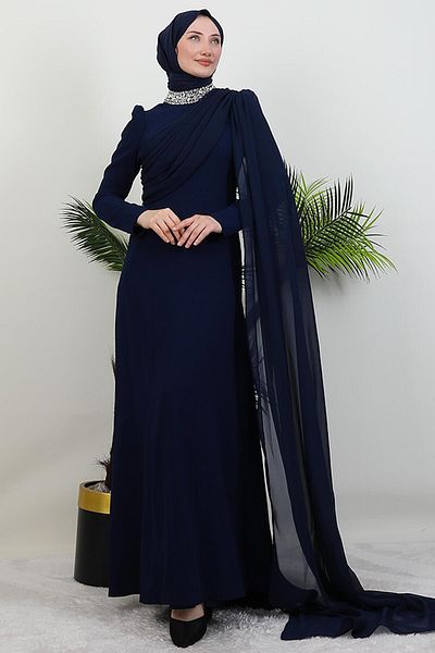 GİYZAMİLA Φόρεμα με πέτρες στο γιακά Navy Blue