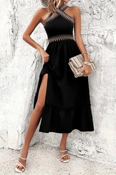 Mossta Ethnic Pattern Detailed Slit Viscose Dress Black