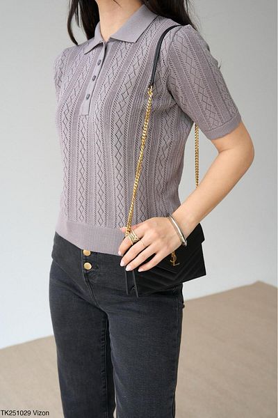 Litesa Women's Polo Neck Openwork Short Sleeve Viscose Knitwear Sweater