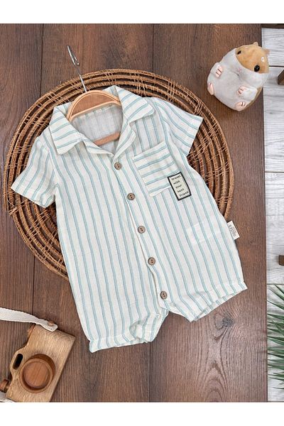 tiwitibaby Linen Front Buttoned Striped Summer Baby Boy Jumpsuit with Snaps at the Bottom