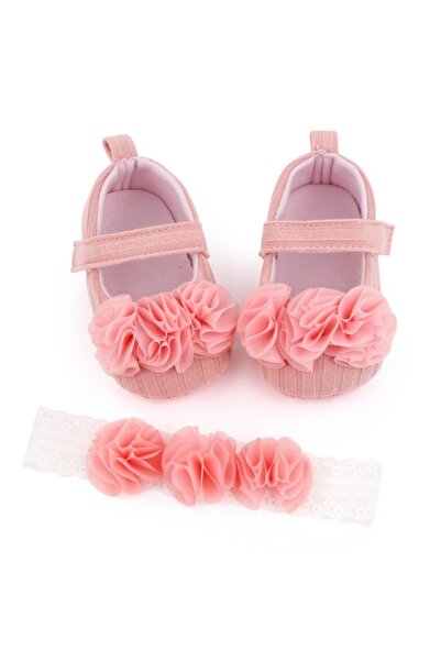 Superbaby Комплект обувки в сьомгово розово и лента за глава в същия цвят