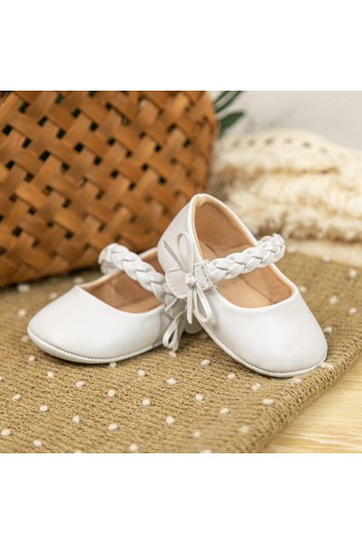 Superbaby Pantofiori albi cu bareta impletita pentru bebelusi