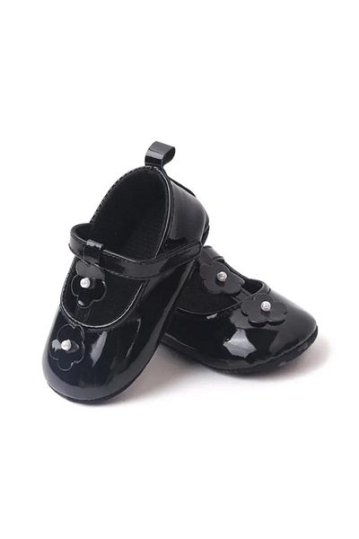 Superbaby Pantofiori bebelusi, negri, lacuiti, cu floricele