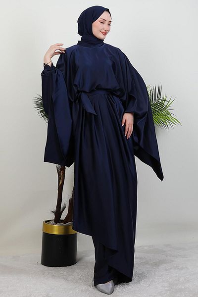 GİYZAMİLA Diva Satin Evening Dress Navy Blue