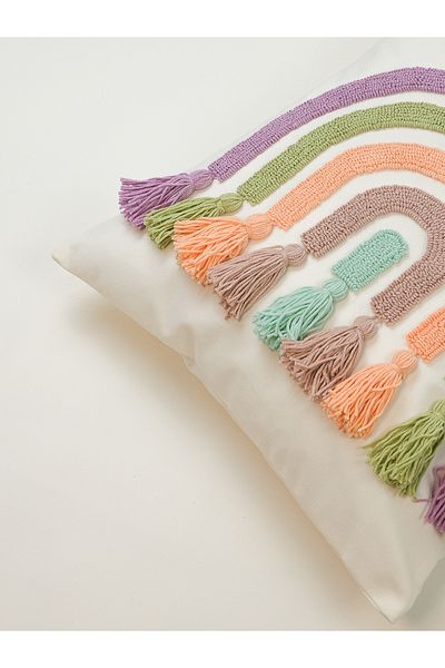 Galia Tasarım Rainbow Colored Tasseled Punch Throw Pillow Cover - Pastel