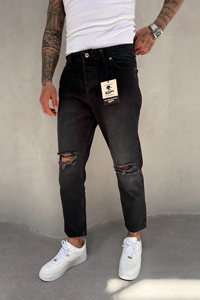 MADZEYMODA Καπνιστό ύφασμα τζιν με σκισίματα Boyfriend Fit Ανδρικό τζιν παντελόνι KE-325