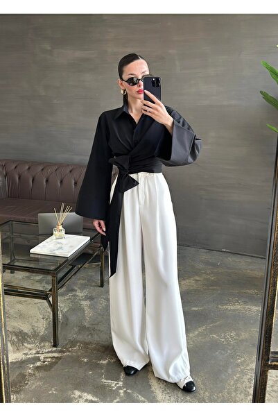 Lusin Women's Black 100% Cotton Shirt with Tie Detail