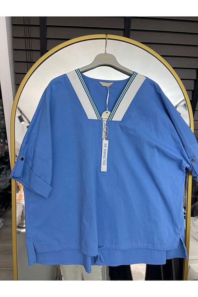 ARAS V-Neck Zippered Waist Gathered Blouse-44 - Light Blue