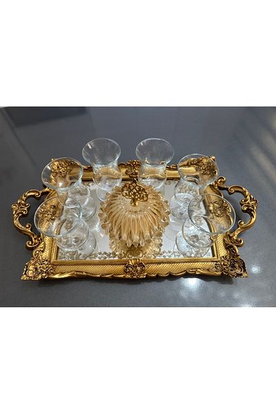 busraconcept Hand-Painted Tray Large Size Gold, Handmade Special Design Tray