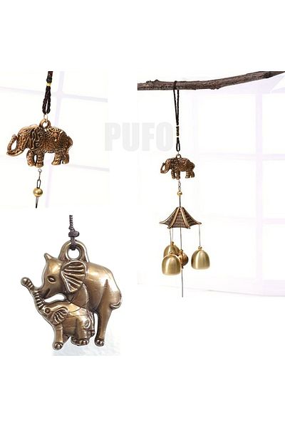 PUFO Clopoțel de vânt cu floare de campanula și 6 clopoței aurii pentru casă sau grădină, model elefant
