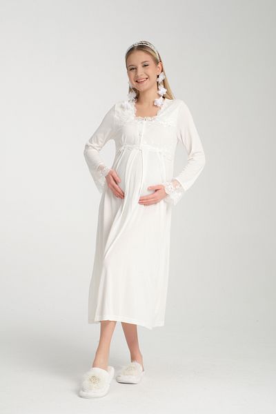 Effortt Maternity Pregnant Lace Detailed Dressing Gown Primum 2-Piece Nightgown Set