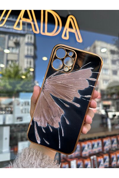 OVADA iPhone 11 Pro Max Uyumlu Kamera Korumalı Gold Kenarlı Kelebek Kanadı Ba...