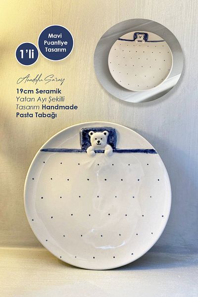 Anadolu Saray 1 Piece 19cm Ceramic Blue Polka Dot Design Lying Bear Shaped Handmade Pastry Plate Dessert Breakfast Plate