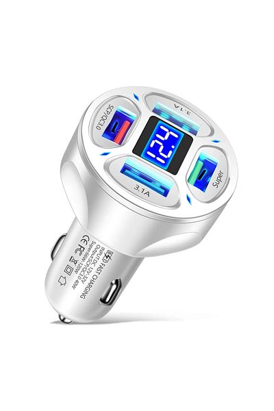 ABYZ Car Charger up to 66W 2 USB 3.0 2x USB 2.4A Fast Charge Multiple Protections and with blue LED White