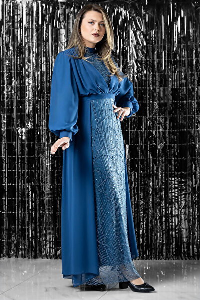 DENİMİNİ Şifon Taş İşleme Detaylı Tesettür Davet Abiye Elbise DNM954