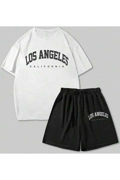 khufu Losangeles U.S.A. Printed Oversize Crew Neck Bottom Top T-Shirt Shorts Set of Two