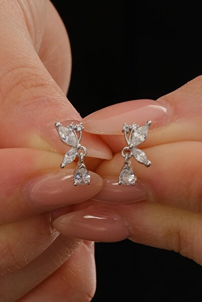 Sümer Telkari Taşlı Kelebek Rodyumlu Mini Gümüş Küpe 7389