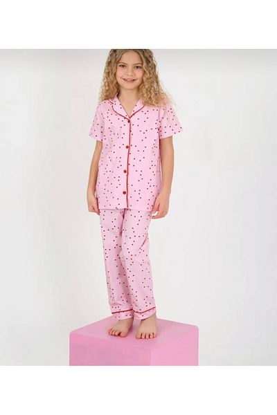 ARBİ kids Female Child Pink Heart Collar Button Greenhouse Pajamas Set