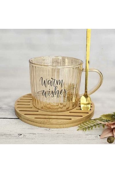 PUFO Glass mug with bamboo stand and Pufo Warm Wishes spoon for coffee or tea, 200 ml