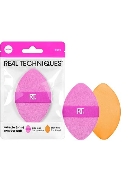 Real Techniques Miracle 2-in-1 Powder Puff – Dual-sided Makeup Blending Puff With Reversible Elastic Band