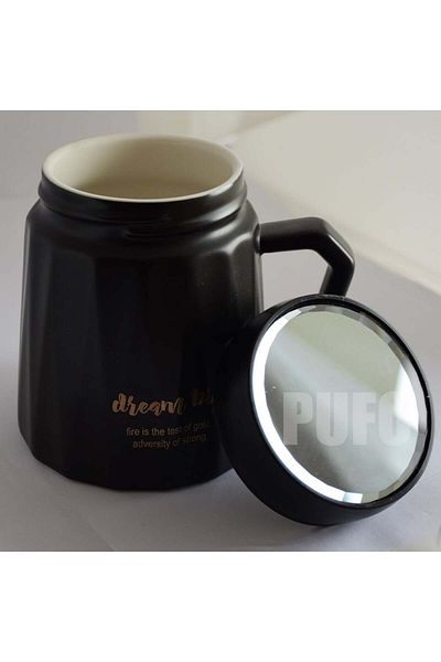 PUFO Cană ceramică Inspire cu capac pentru cafea sau ceai, 350 ml, neagră