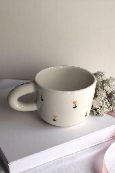 YUUGI CERAMIC كوب سيراميك بنمط زهرة التوليب البرتقالية - مقبض سميك، كوب زجاجي سعة 180 مل