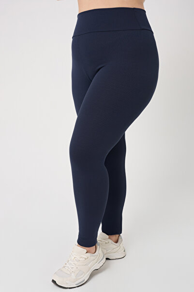 BANEGA Curve Large Size Ribbed High Waist Recovery Navy Blue Leggings