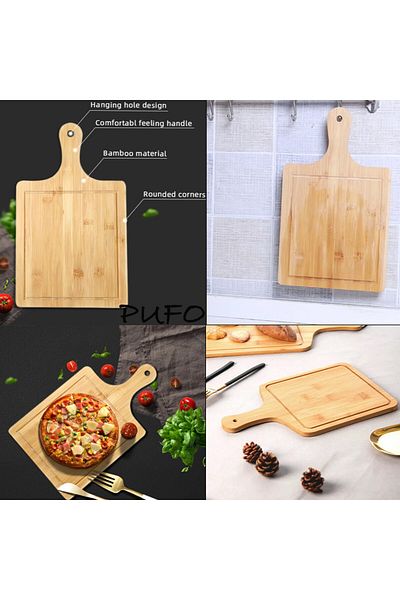PUFO bamboo wooden platter with handle for serving food, appetizers, pizza, 33 x 18 cm, brown