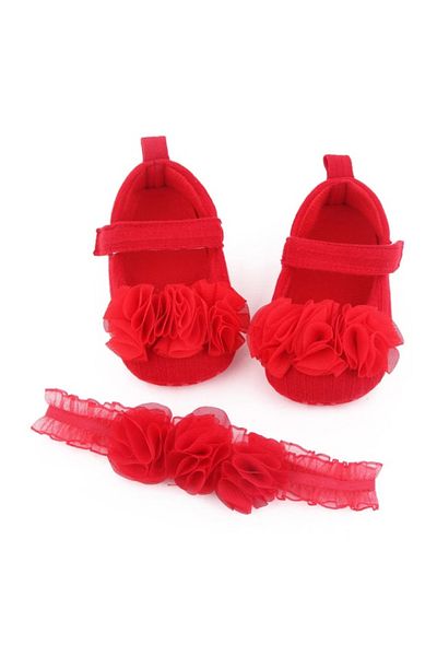 Superbaby Red shoes with tulle flowers and matching headband