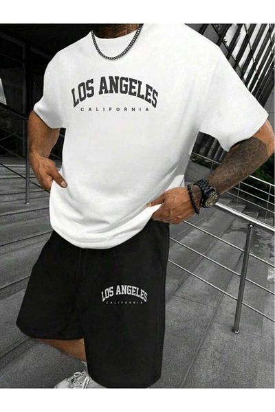 khufu Losangeles U.S.A. Printed Oversize Crew Neck Bottom Top T-Shirt Shorts Set of Two