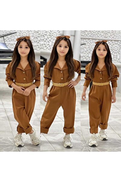 zeynoshkids Kız Çocuk Gabardin Kumaş Tulum Kemer Bandana 3'lü Kombin