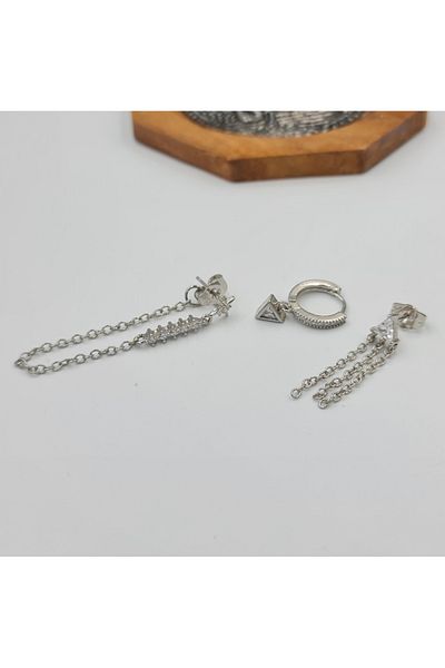 SE Jewellery Collection Selin Ersoy Silver Color Xuping Triple Chain Detailed Zircon Stone Stylish Women's Earring Set