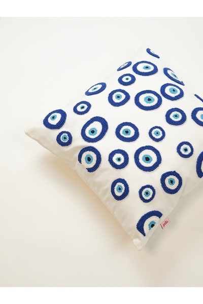 Galia Tasarım Evıl Eye - Blue Evil Eye Beads Washed Linen Rectangular Punch Throw Pillow Cover