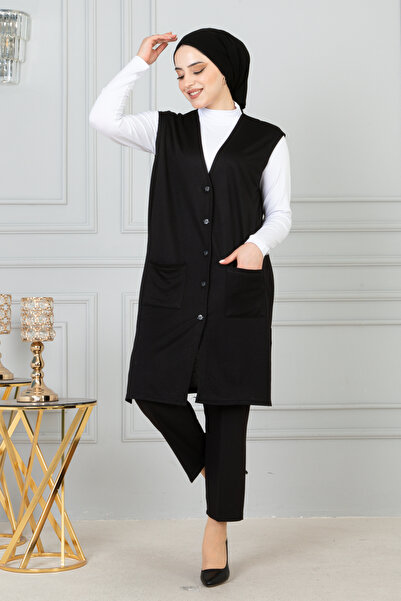 FATELLA Anne Kadın Uzun Ince Düğmeli Cepli Penye Yelek Anneler Günü