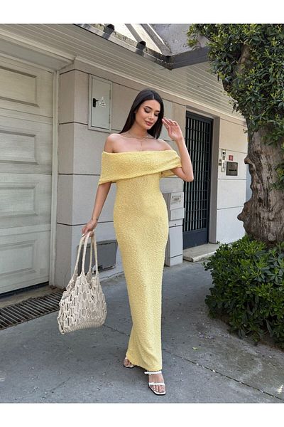 Lusin Women's Yellow Embossed Detailed Off-The-Shoulder Madonna Collar Long Dress