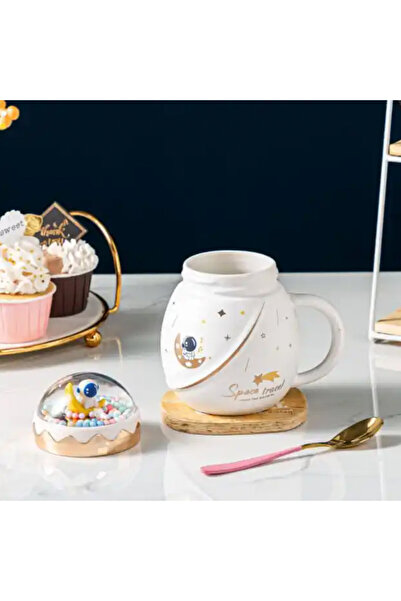 PUFO Travel the Space ceramic teapot mug with lid for coffee or tea, 500 ml, white