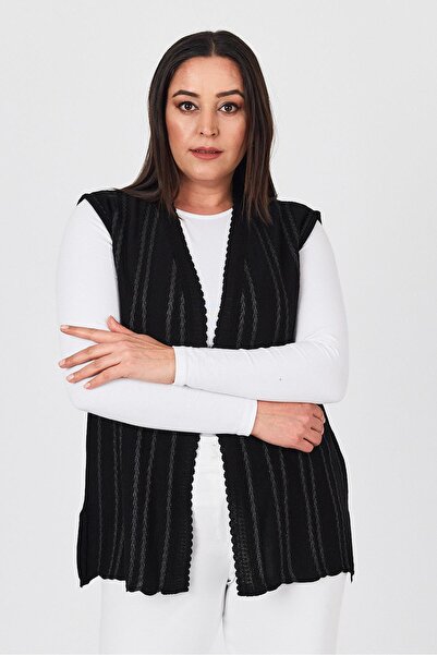 Uludağ Triko Women's Black Glitter Striped V-Neck Seasonal Mother Summer Vest