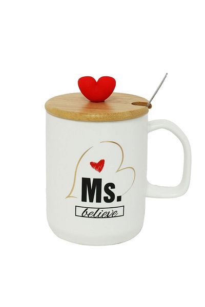 PUFO Cană ceramică Ms Believe cu capac din bambus, pentru cafea sau ceai, 340 ml, albă