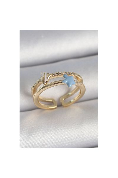 Skygo Brass Gold Color 2-Piece Zircon Stone Blue Star Figure Adjustable Women's Ring - Tj-Byk3739