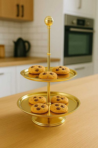 BİMOTE 2 Tiers Gold Cookie Stand, Decorative Presentation Tray, Cake Serving