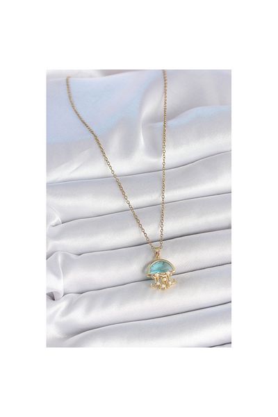 Skygo 316L Steel Gold Color Blue Stone Jellyfish Model Pearl Detail Women's Necklace - Tj-Bko10043