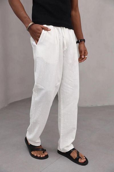 Trendiz Ανδρικό ανδρικό παντελόνι Premium Relaxed Fit 100% Cotton Lace Up Λευκό