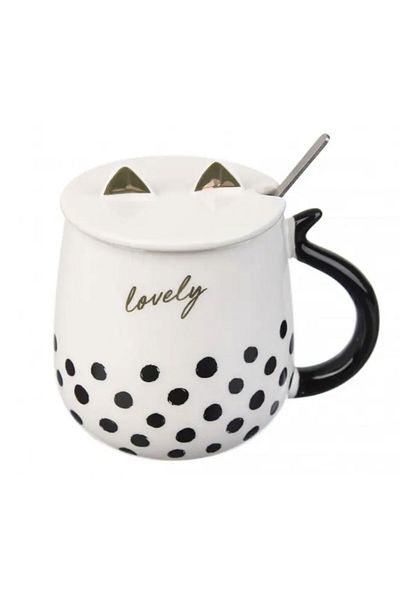 PUFO Cană ceramică cu capac și linguriță Pufo Lovely pentru cafea sau ceai, 450 ml, albă