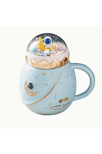 PUFO Ceainic ceramic Travel the Space cu capac pentru cafea sau ceai, 500 ml, albastru