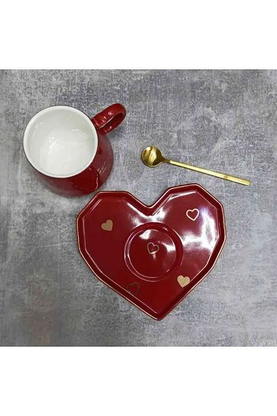 PUFO Cană ceramică cu farfurie în formă de inimă și linguriță „Be Mine” pentru cafea sau ceai, 180 ml, roșie