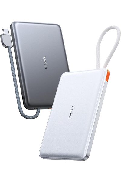 TORRAS PebbleLink Power Bank With Built-in USB-C Cable,10,000mAh, 22.5W iPhone, Android, Grey (No-Wireless)