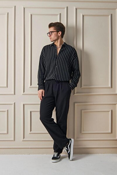 Trendiz Men's Premium Relaxed Fit Elastic Casual Trousers Black