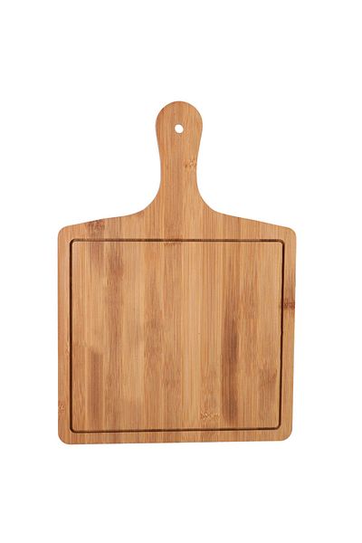 PUFO Bamboo wooden platter with handle for serving food, appetizers, pizza, 36 x 24 cm, brown