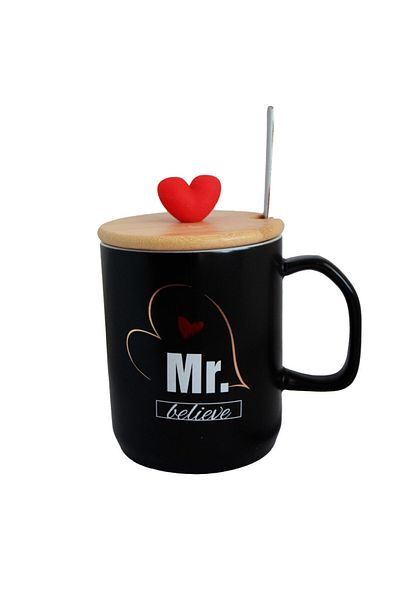 PUFO Cană ceramică Mr Believe cu capac din bambus, pentru cafea sau ceai, 340 ml, neagră