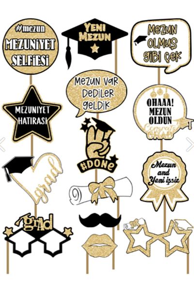Hiras Dizayn Set of 14 Large Size Gold Glittering Look Graduation Party Speech Balloon Set Selfie Glasses